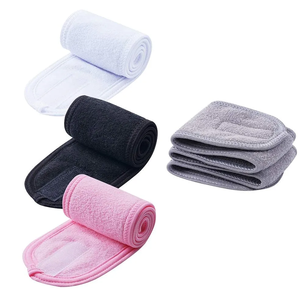 4 PCS Facial Spa Headbands(White, Black, Pink??Gray)?? Makeup Shower Bath Wrap Sport Headband Terry Cloth Stretch Towel with Magic Tape