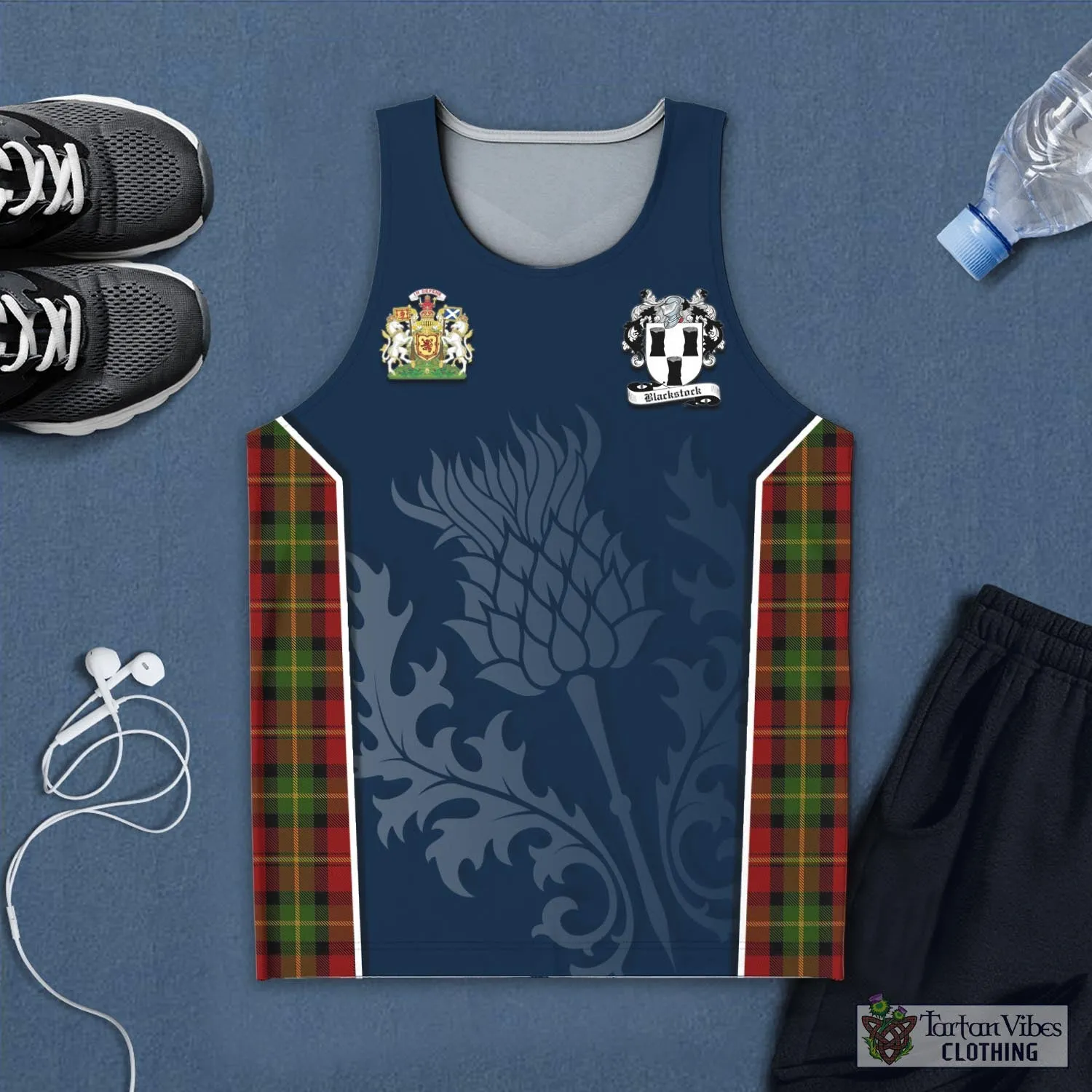 Blackstock Red Dress Tartan Men's Tanks Top with Family Crest and Scottish Thistle Vibes Sport Style