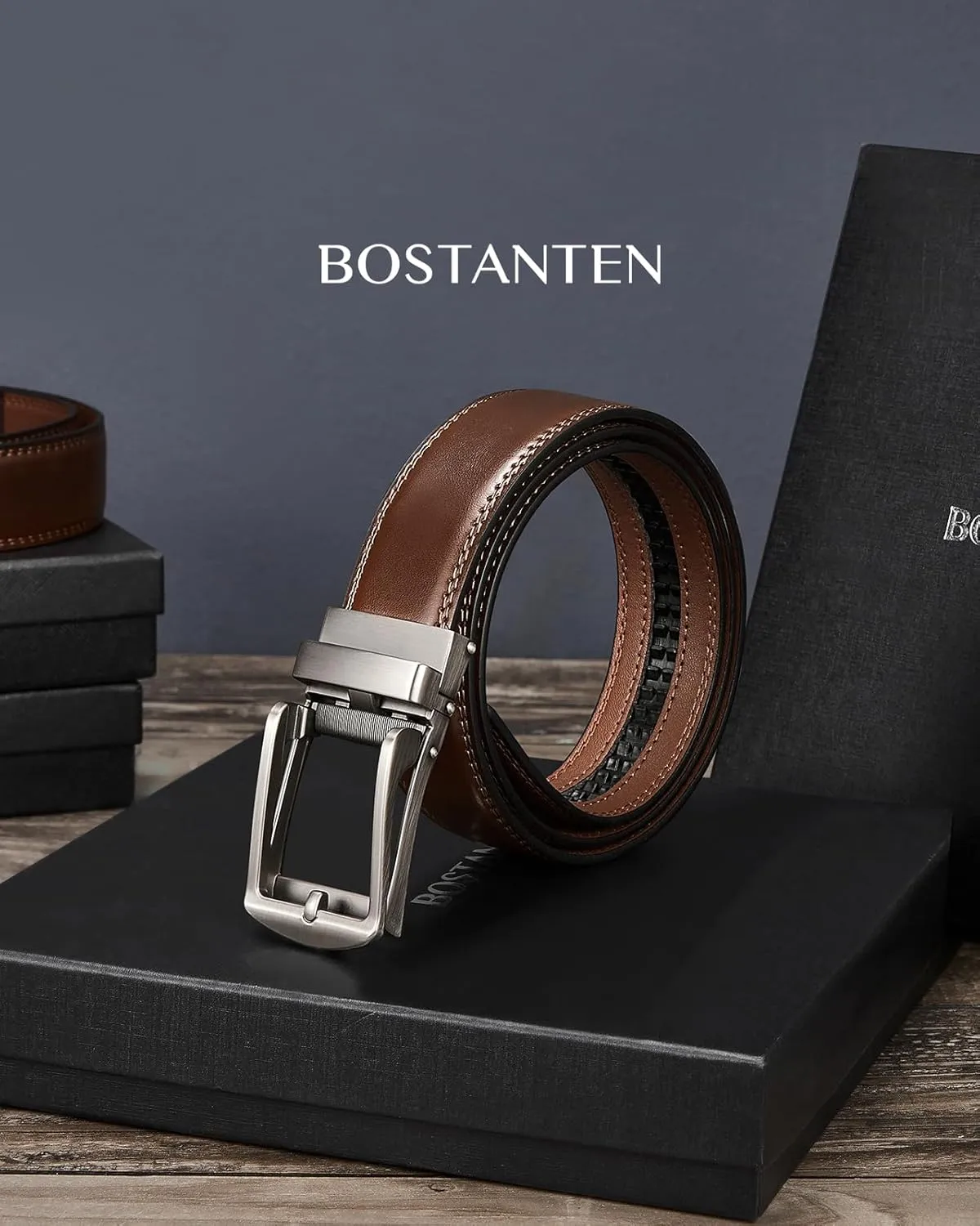 BOSTANTEN Belt Men Leather Reversible Belts for Men 1 3/8" for Casual Golf Dress Pants, Two-in-One Belt Gift