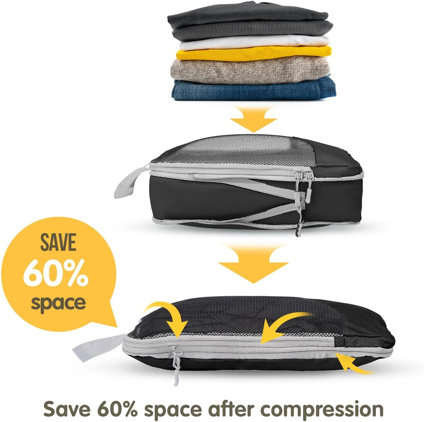 Compression Packing Cubes 8 Set, Dual Zipper Compression Packing Cubes for Travel, See-Through Mesh Packing Bags for Suitcases, packing cubes with shoe bag (Black)
