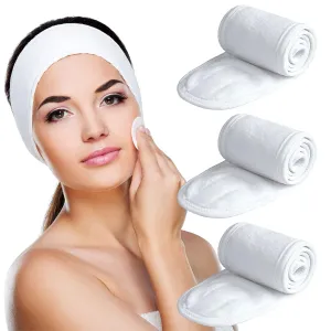 Denfany 3 Pack Adjustable Spa Facial Headband, Ultra Soft Terry Cloth Stretch Makeup Wrap for Face Washing & Shower, Yoga (White)