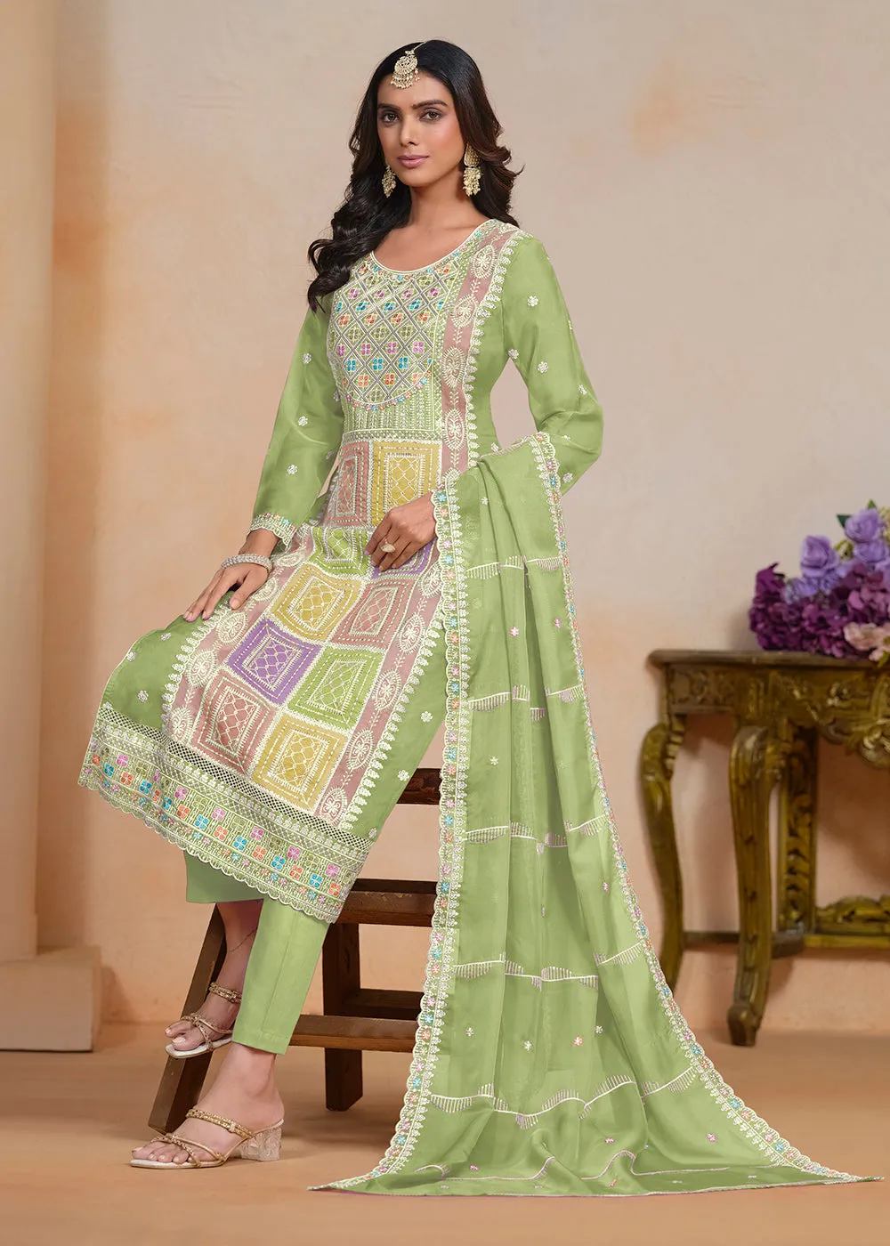 Green Soft Organza Embroidered Festive Pant Style Suit