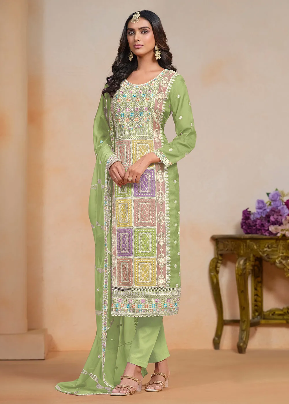 Green Soft Organza Embroidered Festive Pant Style Suit
