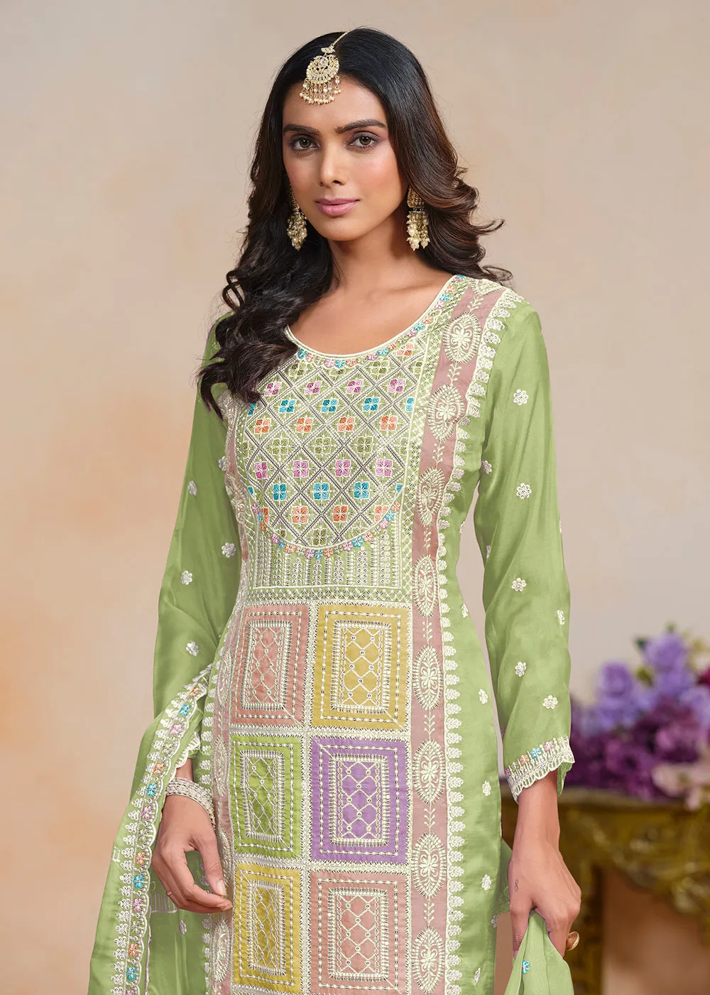 Green Soft Organza Embroidered Festive Pant Style Suit
