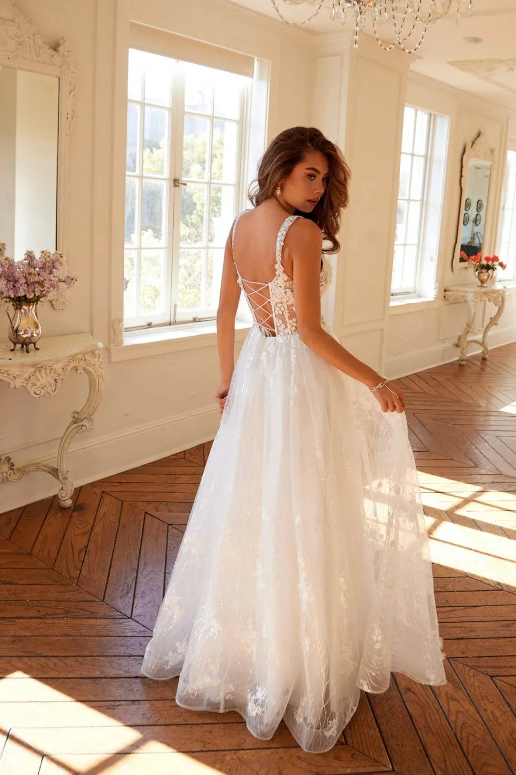 Juliet Sleeveless A-Line Skirt Floral Corset and Straps Wedding Dress - JT2495AW