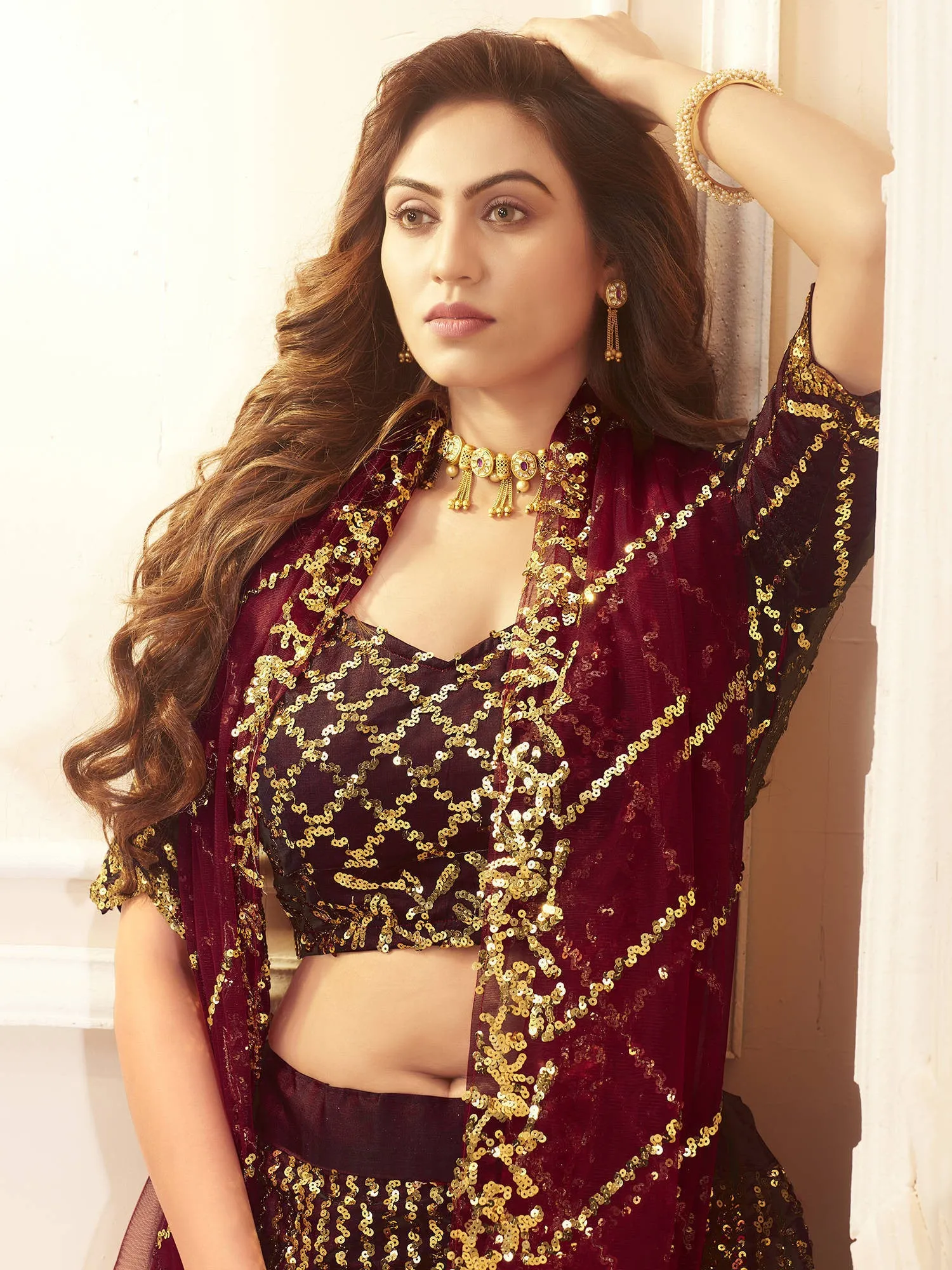 Maroon & Golden Sequins Embroidered Wedding Lehenga Choli