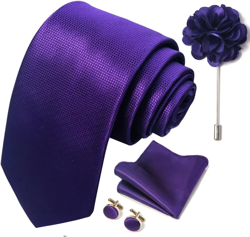Solid Color Ties Set Men Handkerchief Cufflinks Brooch 3.15 inches Classic Formal Necktie Pocket Square Set