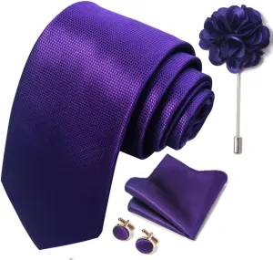 Solid Color Ties Set Men Handkerchief Cufflinks Brooch 3.15 inches Classic Formal Necktie Pocket Square Set