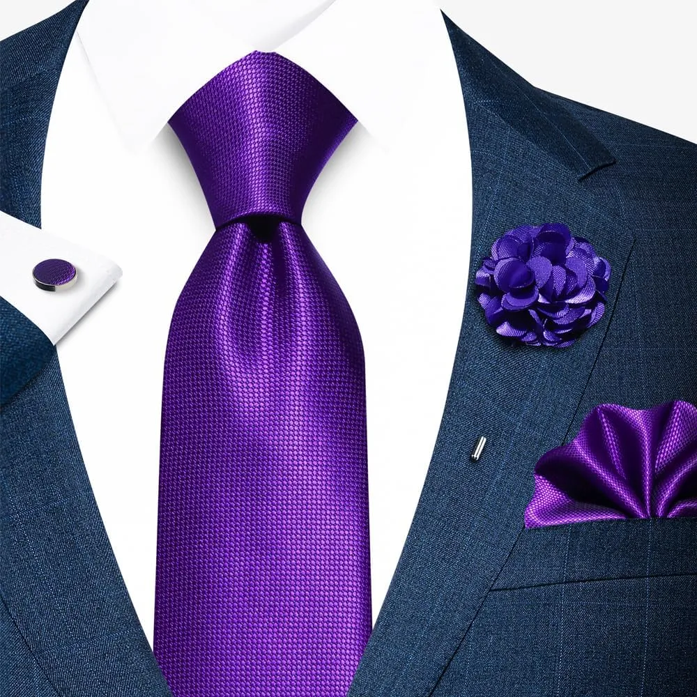 Solid Color Ties Set Men Handkerchief Cufflinks Brooch 3.15 inches Classic Formal Necktie Pocket Square Set