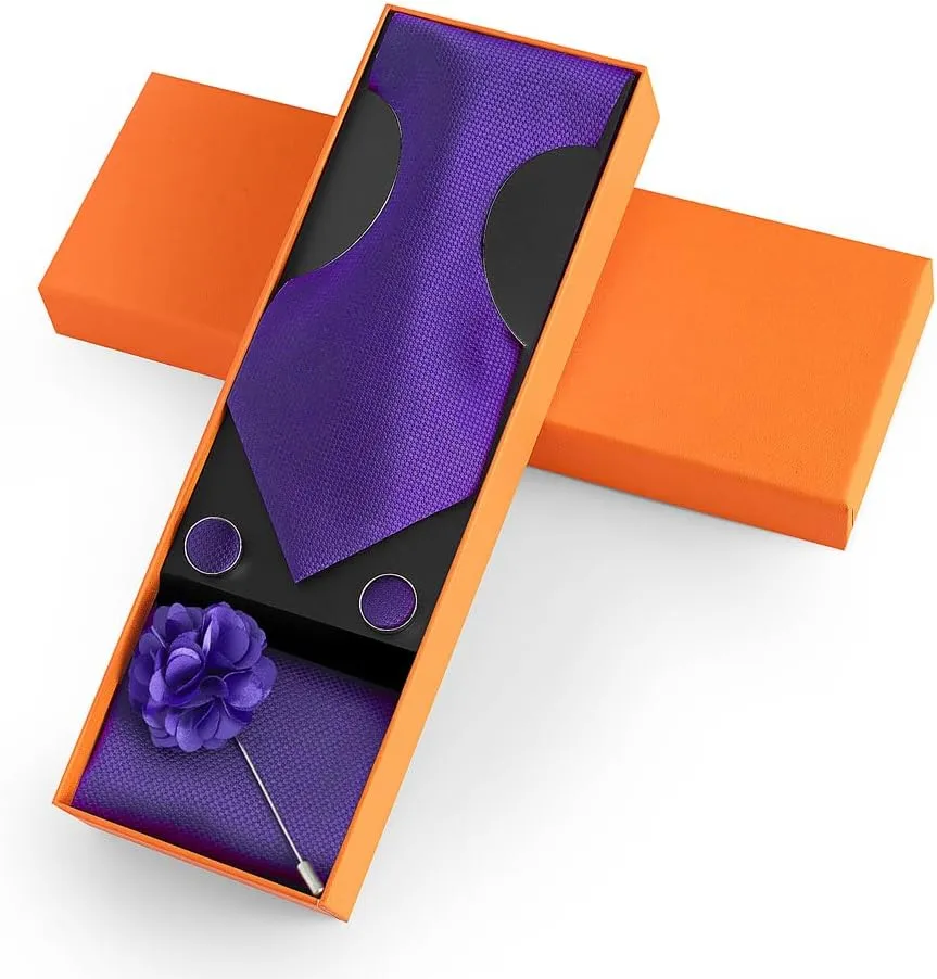 Solid Color Ties Set Men Handkerchief Cufflinks Brooch 3.15 inches Classic Formal Necktie Pocket Square Set